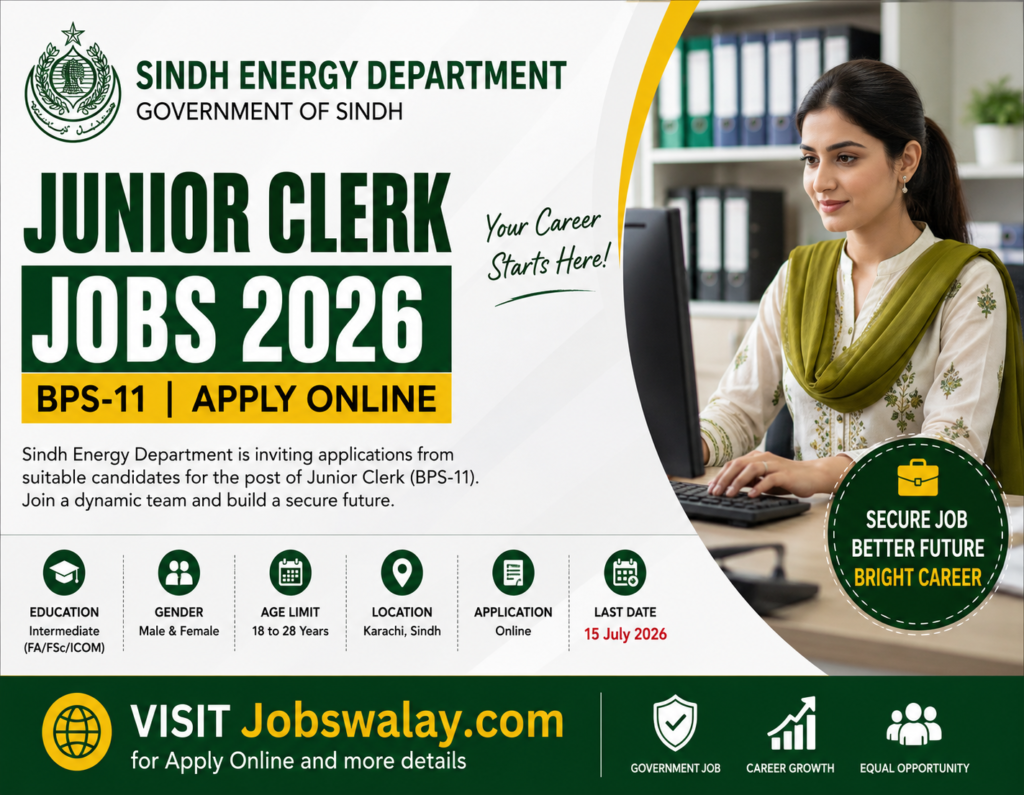 Junior Clerk Jobs 2026 in Sindh Energy Department (BPS-11) – Online Applications Open Now